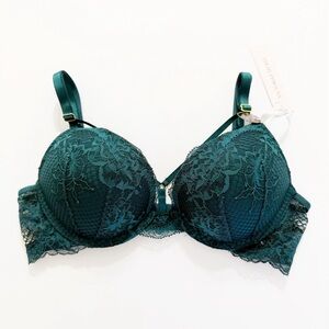 Victorias Secret dark green lace Y thin front strap bombshell plunge push-up bra